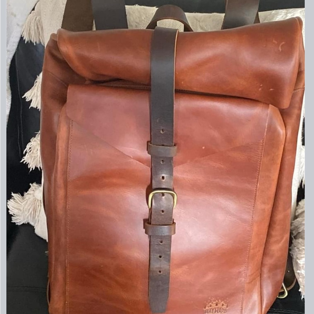 New Wayward goods honey Brown Leather Roll-Top Backpack beautiful pull up
